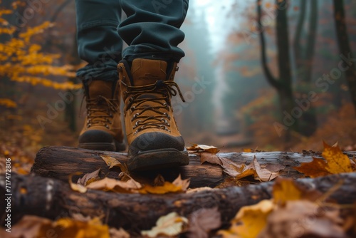 Hiking Boots on a Wooden Log in Autumn Forest
