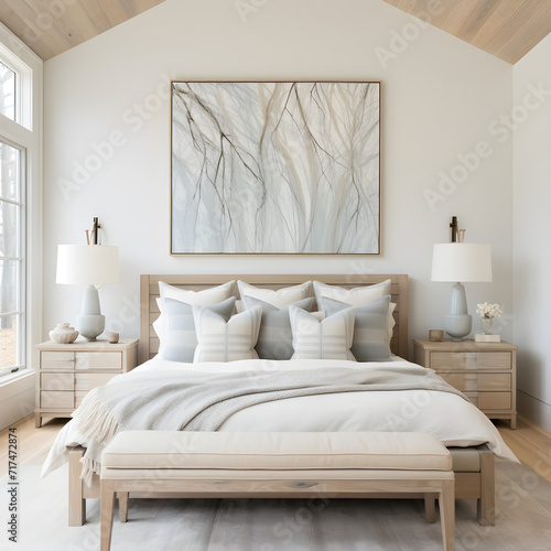 Minimalist style bedroom decoration ideas with white as the main color, house, apartment, bedroom, bed, wall paintings, daytime, floor, lamp, shelf, window, glass door, AI-generated. © PHAP
