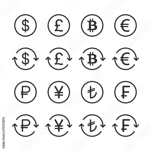 currency symbol icon sets. Currency exchange line icon set. Dollar, euro, pound, russian ruble, yen, bitcoin minimal vector illustration.