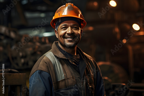 factory workers wearing hard hats and safety uniforms, smiling together. Portraying industrial worker engineering and illustrating concepts of industry, engineering, and construction.