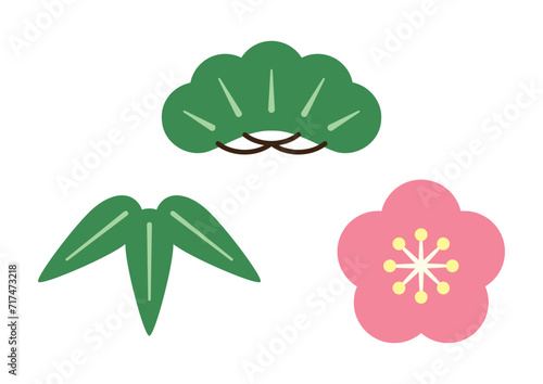 シンプルな「松竹梅」のカラーアイコンイラスト A simple color icon illustration of ”Shochikubai'' (Japanese lucky charms: pine, bamboo leaves, and plum blossoms)