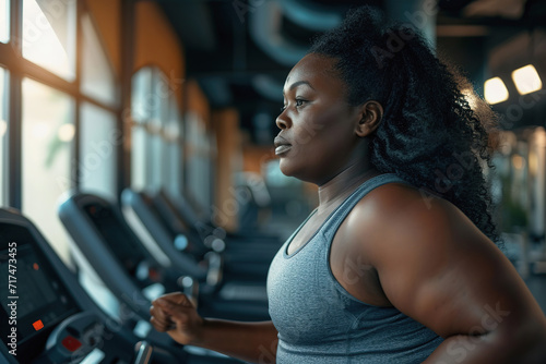 Plus Size African American woman running on treadmill in gym