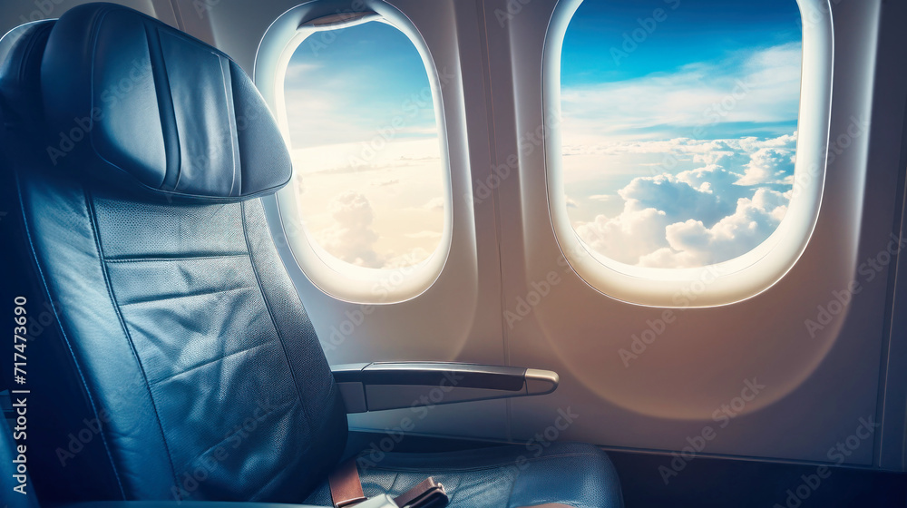 Naklejka premium Airplane Seat With Clouds View Through Window