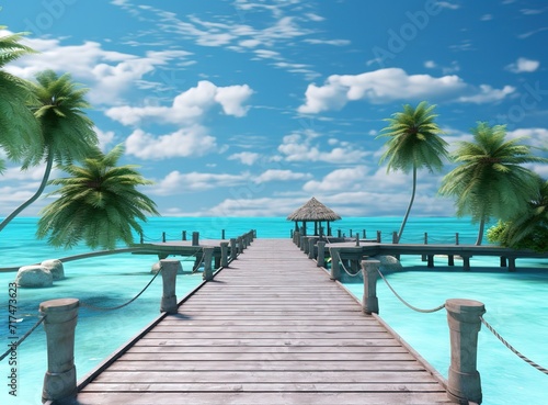 A wooden bridge stands on the edge of a beautiful beach with a bright blue sky. Generative AI © original logo
