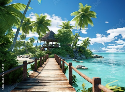 A wooden bridge stands on the edge of a beautiful beach with a bright blue sky. Generative AI