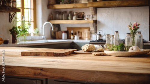 Kitchen Counter With Wine Bottle and Plate of Bread. Interior of a modern kitchen made of solid wood.