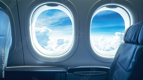 Blue-Lit Interior of Modern Airplane