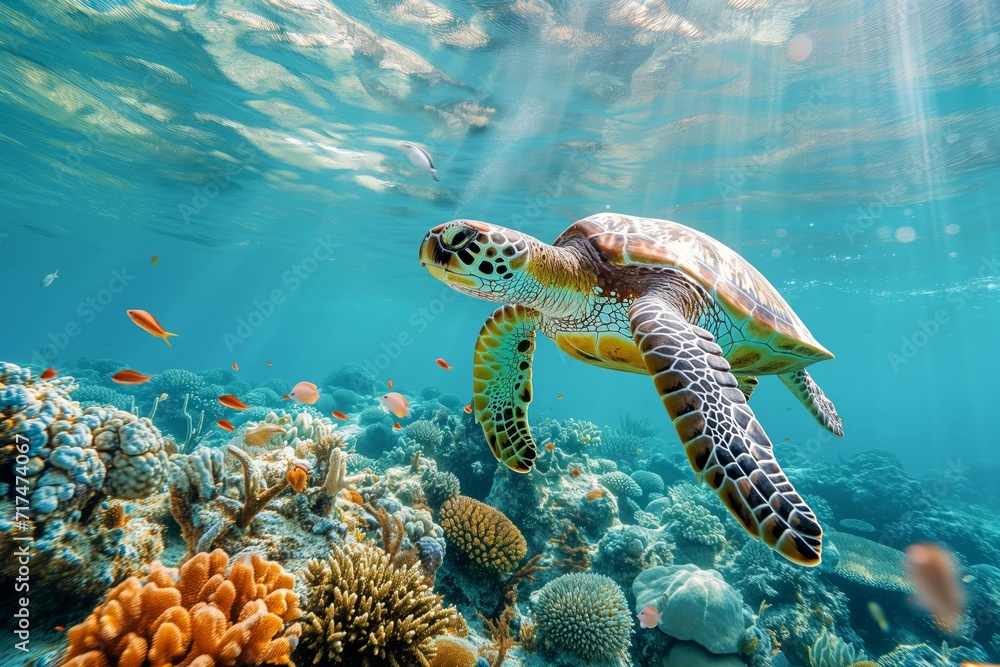 Obraz premium Sea Turtle Swimming in Coral Reef Underwater