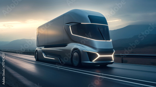 Electric cargo semi-trailer truck driving on the highway, transporting goods in the evening. Delivery and logistics concept for the future. Transportation of goods over long distances. © Anoo