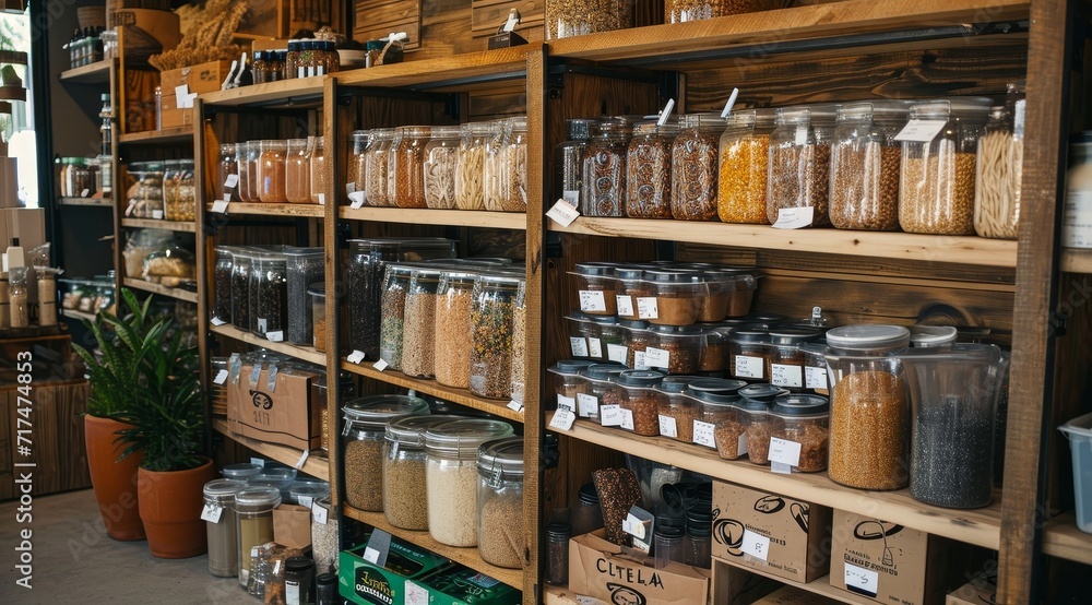 Zero waste shop interior details. Wooden shelves with different food.
