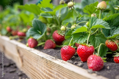 Strawberries grow in the garden in a raised bed.