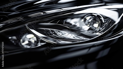 A detailed shot of a black and white headlight with its cover removed exposing the layers and components that contribute to its distinctive shape.