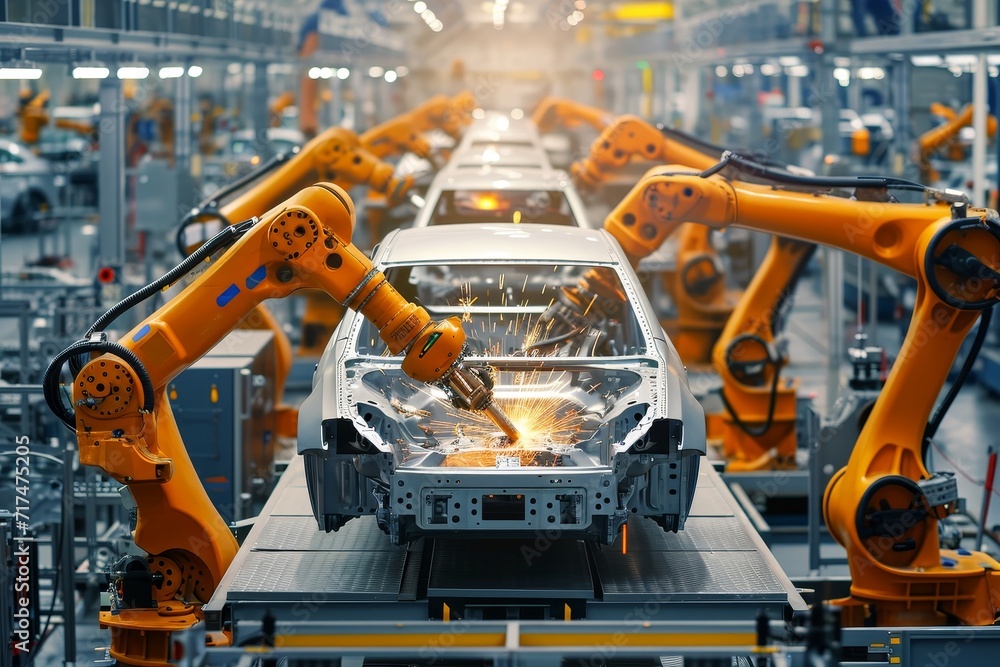 Modern car manufacturing factory, automobile assembly line, automotive industry. Modern car manufacturing factory, automobile assembly line, automotive industry.