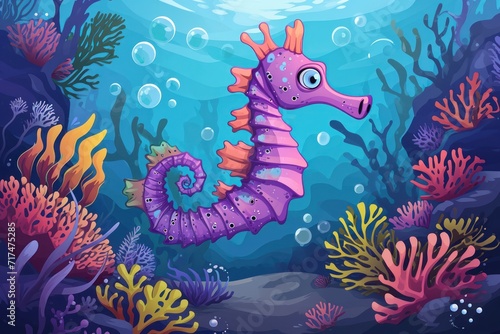 seahorse with beautiful underwater world..Vector illustration cartoon style 