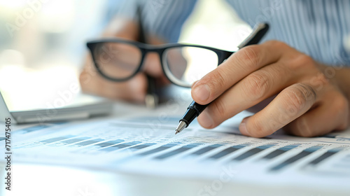 a corporate treasurer wearing glasses and analyzing financial reports with a pen