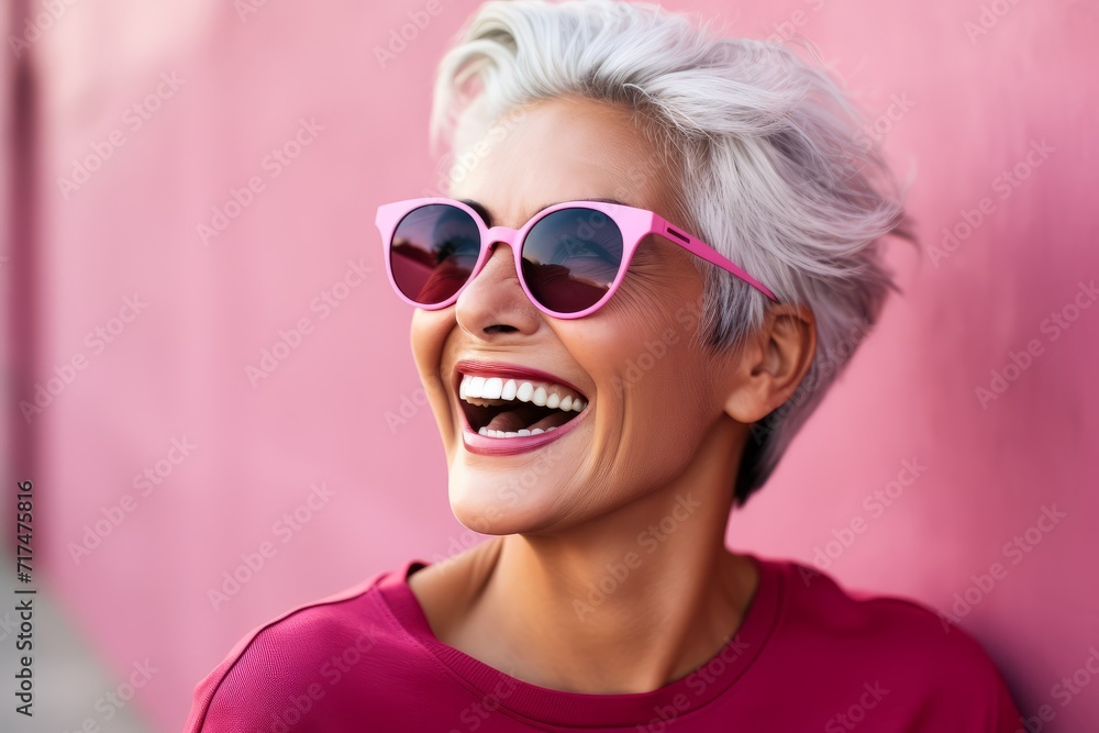 Close up portrait of a happy senior woman in pink sunglasses on a pink background