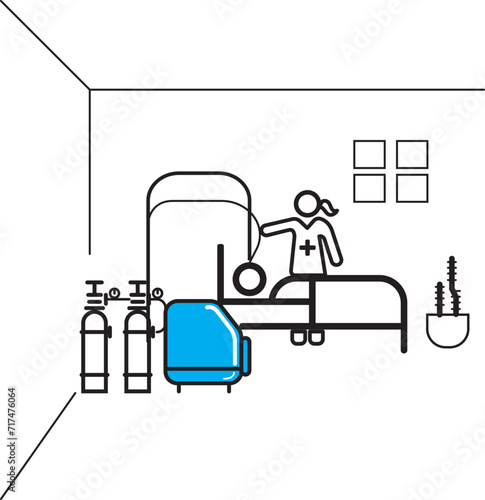 Illustration of medicine concept with doctors and patient in hospital room. Treatment and care for patients in hospital bed a line drawing illustration