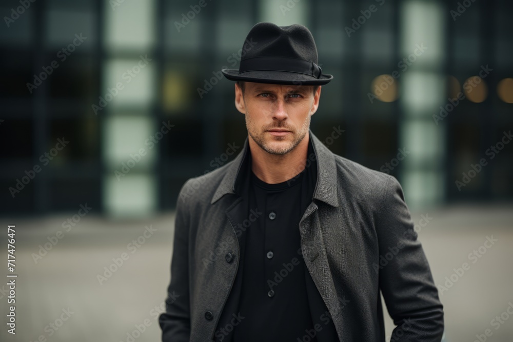 Portrait of a handsome man in a black coat and hat.