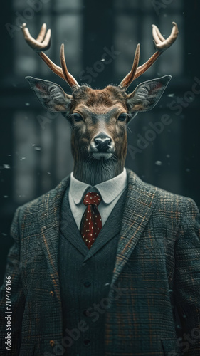 Graceful deer roams city streets in refined attire, embodying street style with elegance. The realistic urban backdrop frames this majestic creature, seamlessly merging natural beauty with contemporar © Дмитрий Симаков