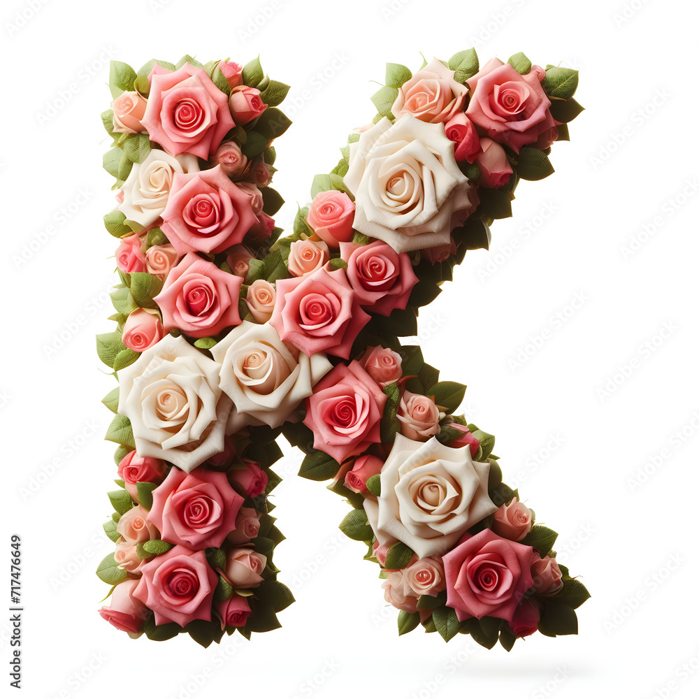 The letter K is made out of rose flowers, the Rose Alphabet, and Valentine Designs, on a White background, isolated on white, photorealistic	