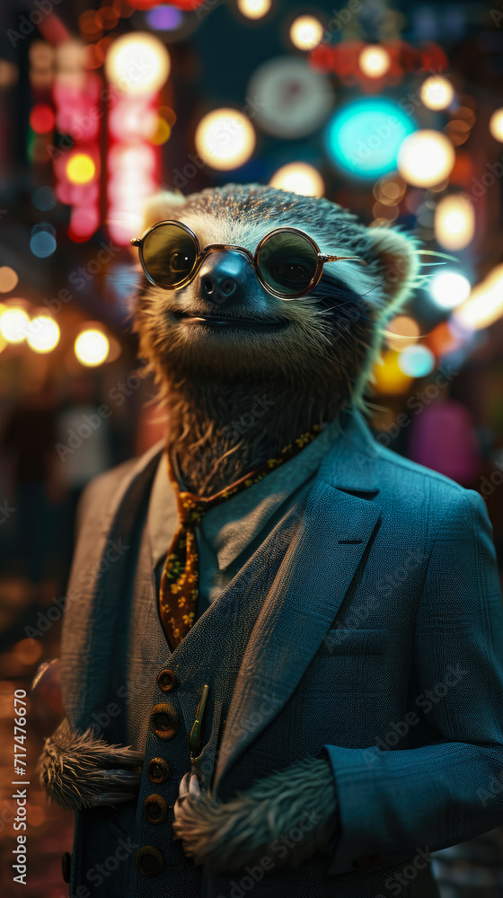 Relaxed sloth meanders through city streets in tailored elegance, epitomizing street style. The realistic urban backdrop frames this leisurely creature, seamlessly merging slow-paced charm with contem