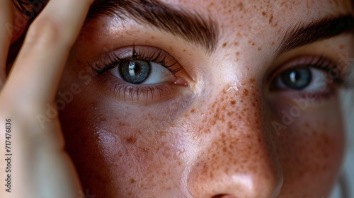 Close-up of Woman's Eye with Freckles ,Detailed close-up of a young woman's eye, highlighted by natural freckles and soft sunlight.