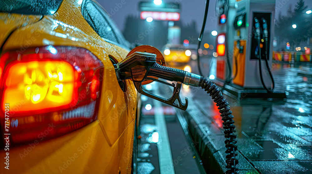 Refueling a car at a gas station, close-up