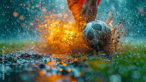 Soccer player in action kicking the ball with splashes of water