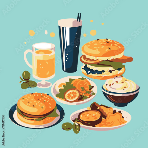 Vector illustrations of menu items like burgers, pizzas, sushi, and pasta to help design restaurant menus