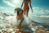 woman running with dogs playing on the beach summer concept