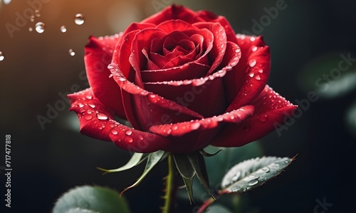 A single red rose with water droplets on it 