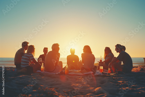 Group of happy friends spending time together at the beach summer concept
