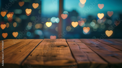 Empty wooden table with blurred background, Heart-shaped bokeh lights of six star luxury hotel room at valentine day