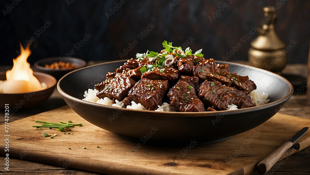 a side view shot of Mongolian Beef served on a weathered wooden table and highlight the perfectly seared beef, bathed in a rich a side view shot of Mongolian Beef served on a weathered wooden table and highlight the perfectly seared beef, bathed in a rich