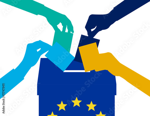 Vector design with 4 hands voting in the ballot box for the EU 2024 European elections.