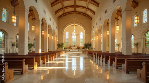 Empty interior of a church sanctuary from the center.