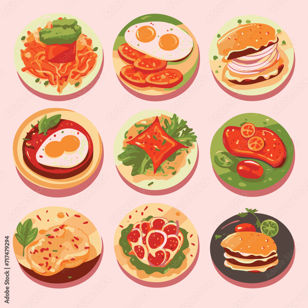 Vector illustrations of menu items like burgers, pizzas, sushi, and pasta to help design restaurant menus Vector illustrations of menu items like burgers, pizzas, sushi, and pasta to help design restaurant menus