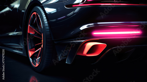 Neon-lit exhaust system modification in a high-performance car against a black backdrop