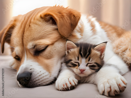 Cat and dog are sleeping together