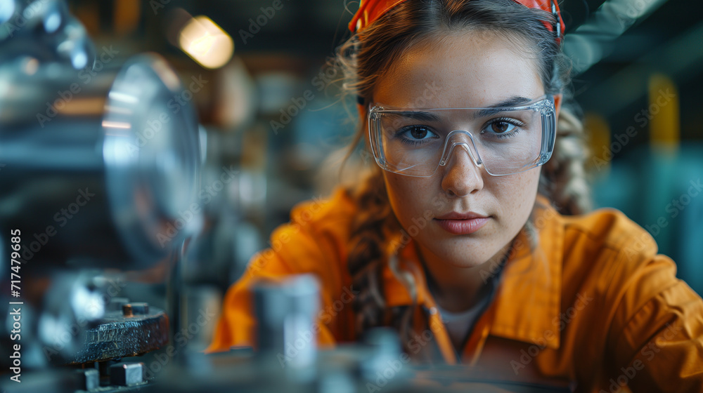 Young woman working in a machine shop. Female workers in man dominated industries. Young woman working in a machine shop. Female workers in man dominated industries.