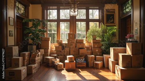 Bunch of cardboard boxes in a room. Moving day. Shipping packages from home. © Jammy Jean
