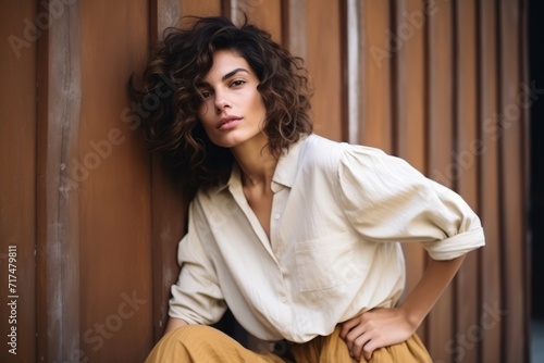 Portrait of a beautiful young woman with curly hair sitting on a wooden wall