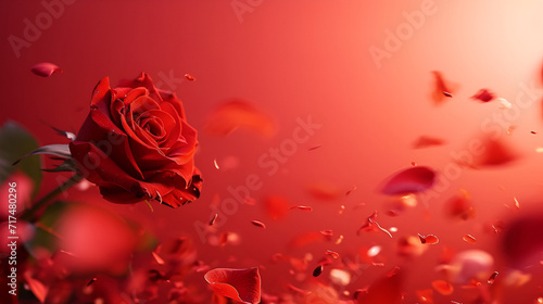 Flying petals and red roses on a red background with copy space, valentines day concept. generative ai