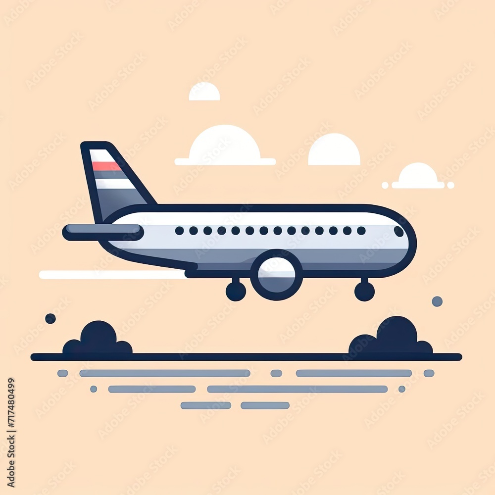 airplane in the sky with clouds. airplane flat illustration. simple and minimalist design