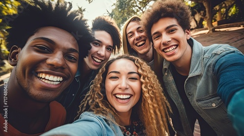 Joyful group of diverse young adults taking a selfie together outdoors. photo