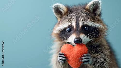 cute happy racoon placed a stuffed heart shape on the head isolated on pastel.Generative AI © ZzGooggiigz