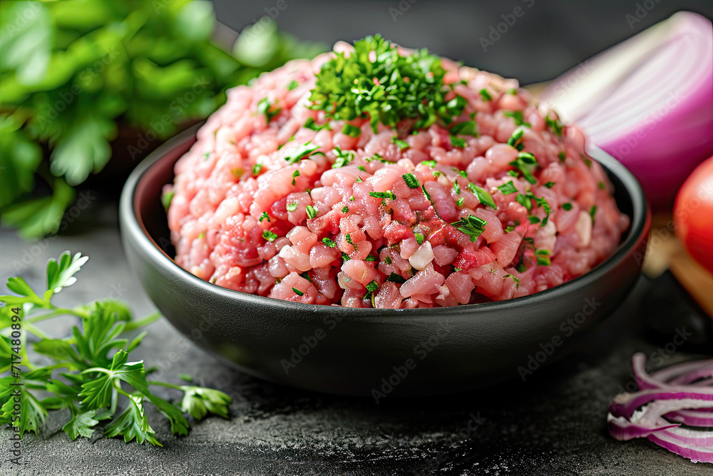 Raw pork minced meat for cooking.Generative AI Raw pork minced meat for cooking.Generative AI