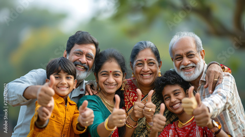 Family photo with members of various ages, all smiling and giving thumbs up together