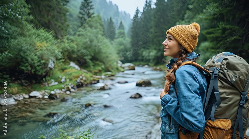 Side view shot relaxed young woman with backpack standing by the stream.Generative AI