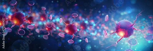 Vibrant 3D illustration of viruses and antibodies in a colorful digital environment. photo